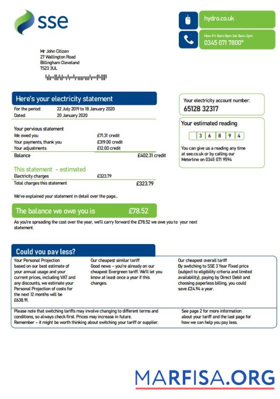 Printable United Kingdom SSE Energy utility bill template in Word and PDF format, version 3